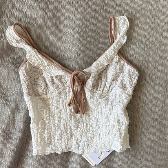 Commense Tops - Commense Cream Cropped Lace Tank with Tan Trim